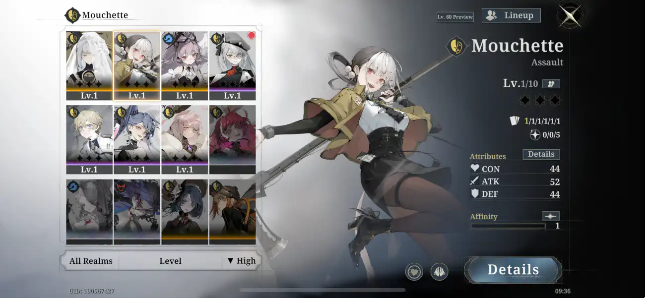 Morimens character screen for Mouchette, an Assault unit, showing its level and attributes in the roster
