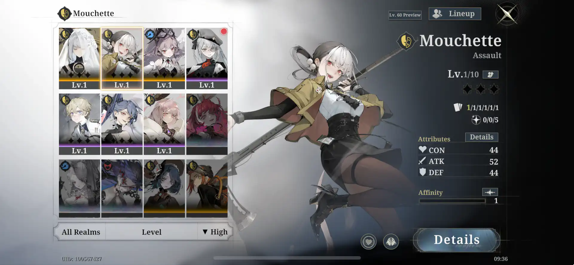 IMG_1625 Morimens character screen for Mouchette, an Assault unit, showing its level and attributes in the roster