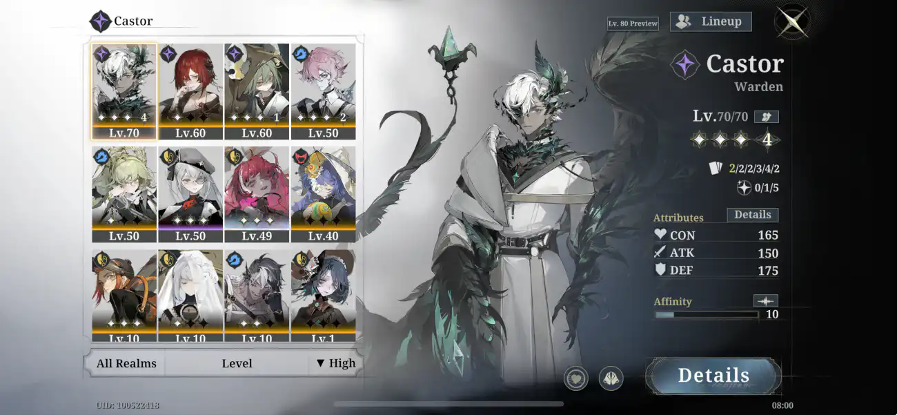 Morimens character screen for Castor, a Warden unit at level 70, showing its attributes and affinity in the roster