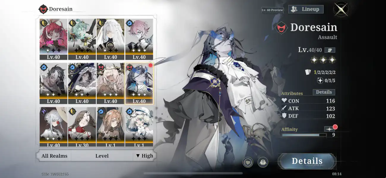 Morimens character screen for Doresain, an Assault unit at level 40, showing its attributes and affinity in the roster