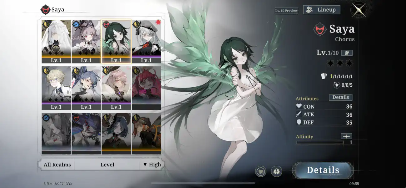 Morimens character screen for Saya, a Chorus unit, showing its level and attributes in the roster