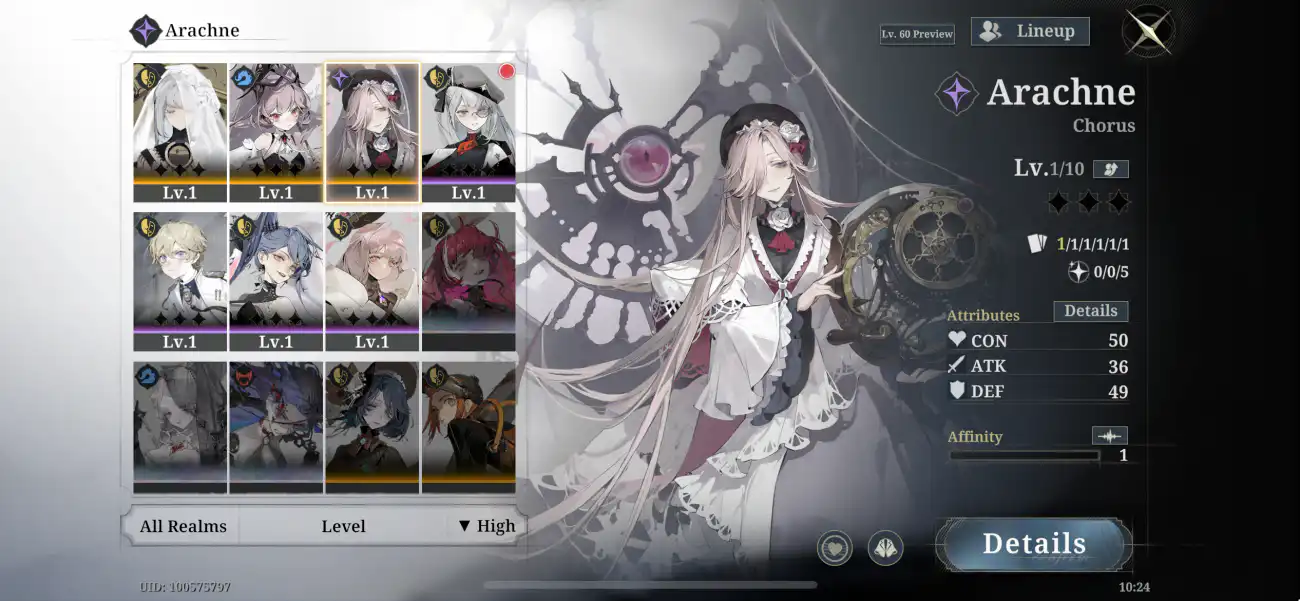 Morimens character screen for Arachne, a Chorus unit, showing its level and attributes in the roster