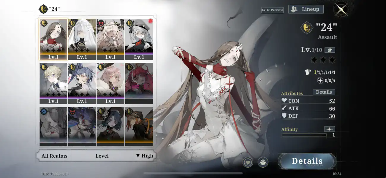 Morimens lineup screen showing the unit 24 with its level and attributes alongside the owned roster