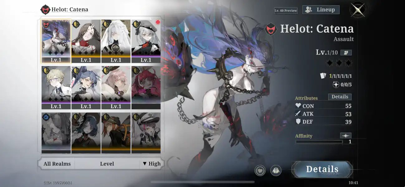 Morimens character screen for Helot: Catena, an Assault unit, showing its level and attributes in the roster