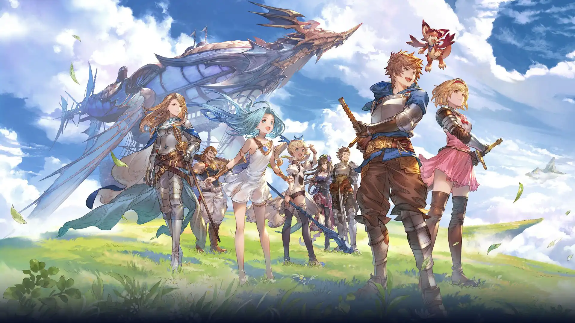 granblue-fantasy-accounts-category-main Granblue Fantasy official key visual with the crew and airship Grandcypher