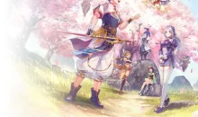 Suikoden STAR LEAP official key visual with the hero and party under blooming cherry blossom trees
